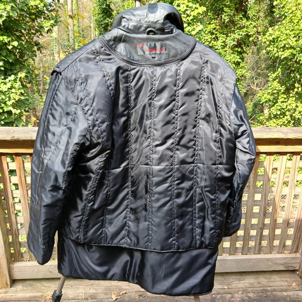 Vintage 90's Black Leather Warm Double Lined Car Coat Many Pockets & Details SzL - Picture 15 of 16